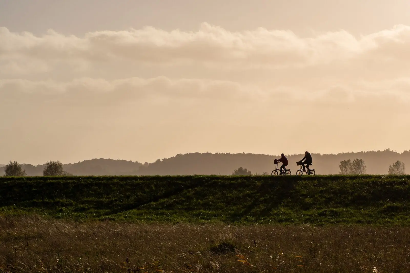 Two cyclists in silhouette riding along a dike in hazy golden light